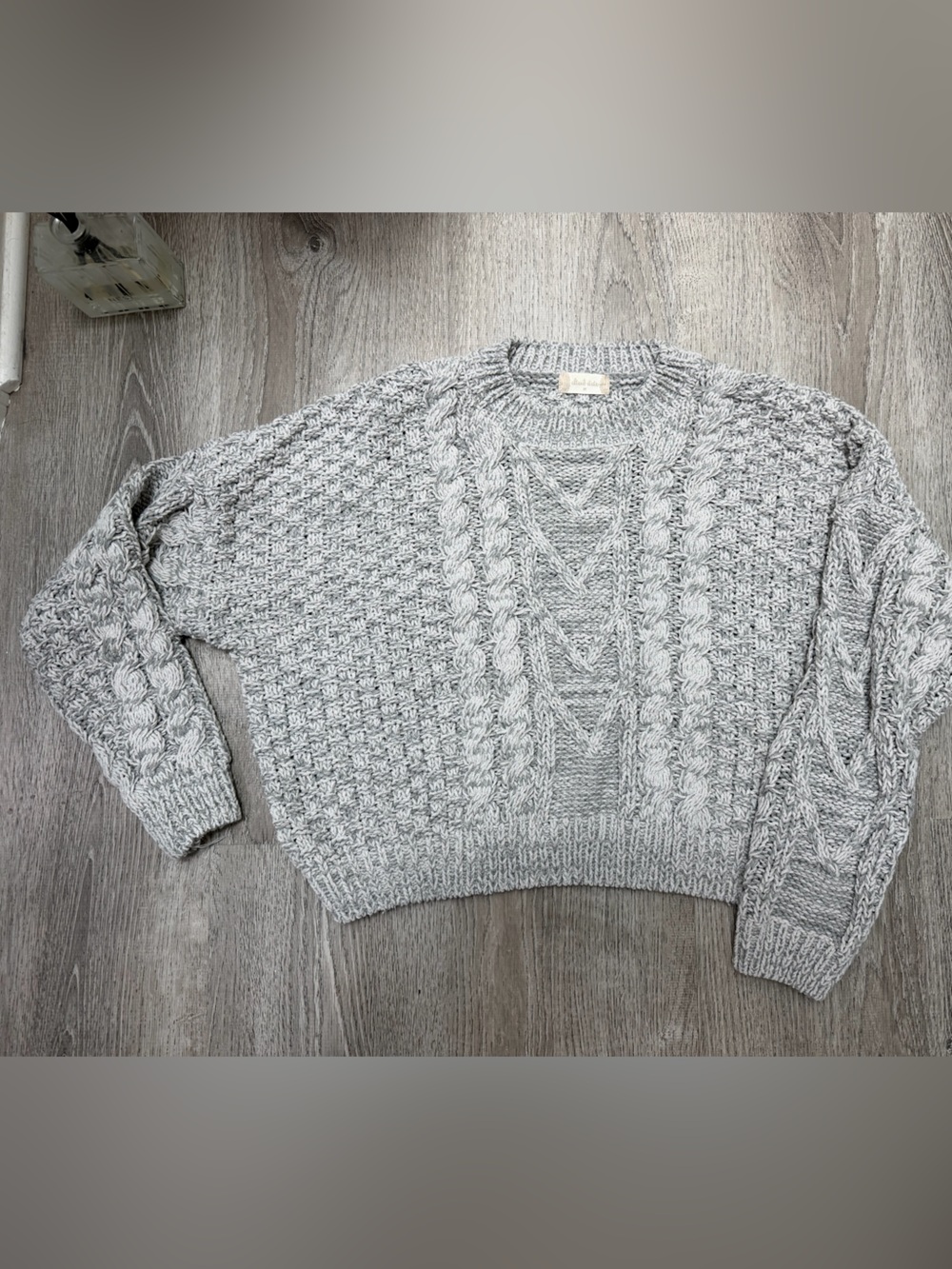 Altar'd State Heather Gray Cable Knit Crewneck Sweater